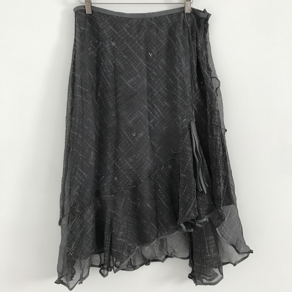 100% Silk Midi A Line Skirt Gray Chiffon Lettuce Hem Side Zip Womens M - Picture 1 of 12